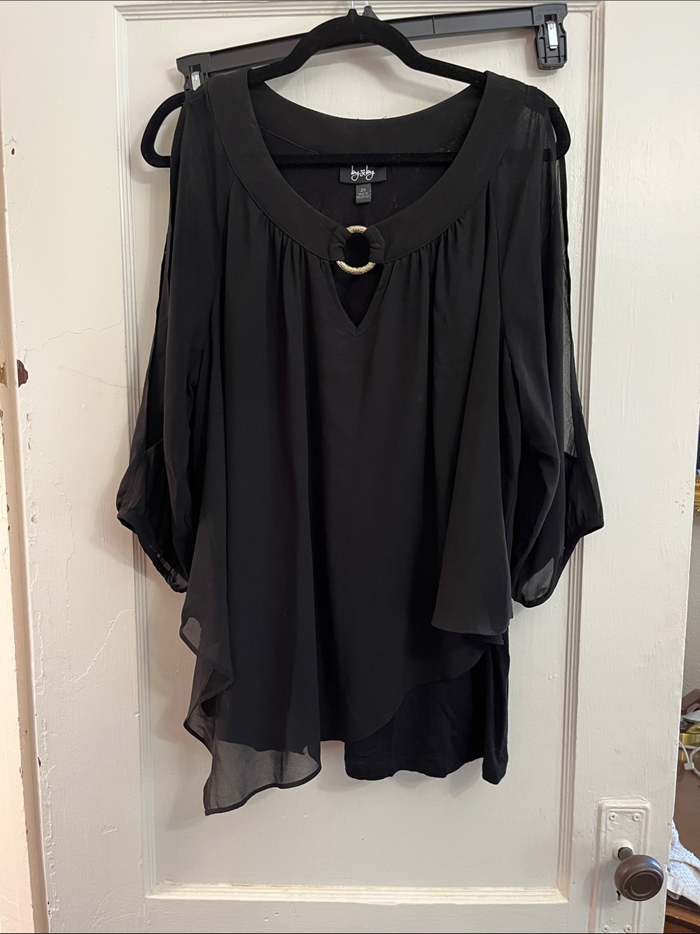 by & by Black Cold-Shoulder Chiffon Tunic with Decorative Ring